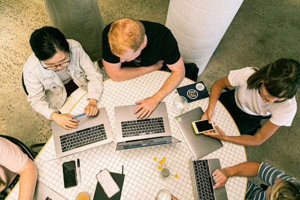 Team collaborating in a creative workspace